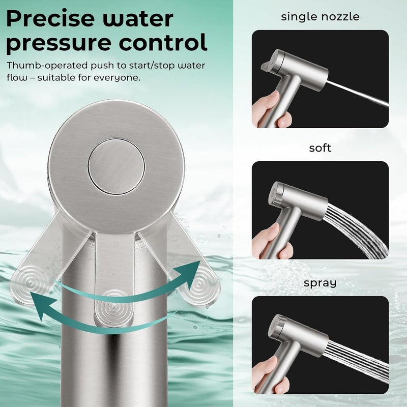 BDJM Handheld Bidet Sprayer for Toilet, Adjustable Water Pressure Control Rotary Switch with Bidet Hose, Exclusive Single Nozzle High Pressure Mode for Cleaning Stubborn Stains, Brushed Nickel - Image 3